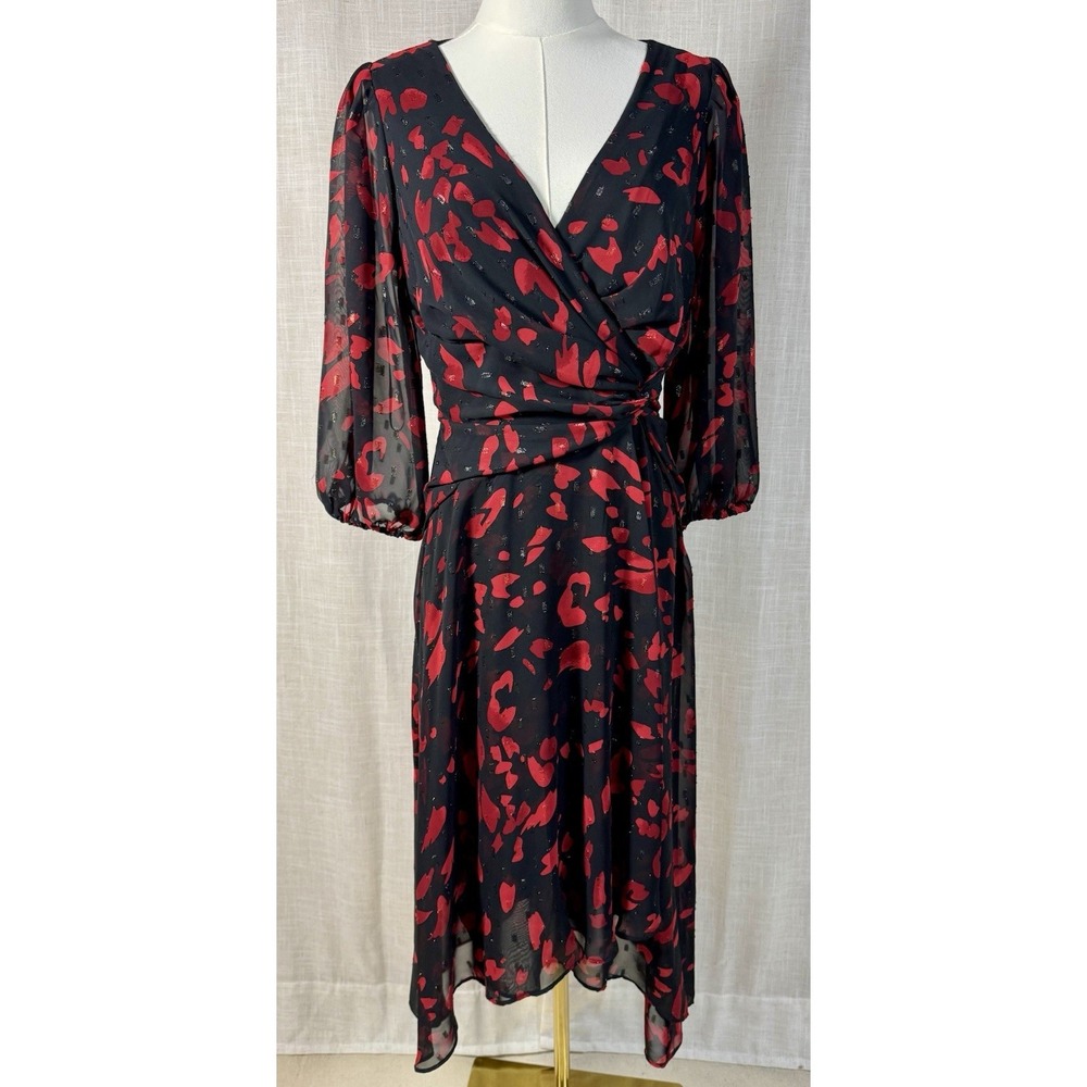 NWT DKNY Women's Chiffon Black Red Printed Midi Dress Size 6 MSRP $139